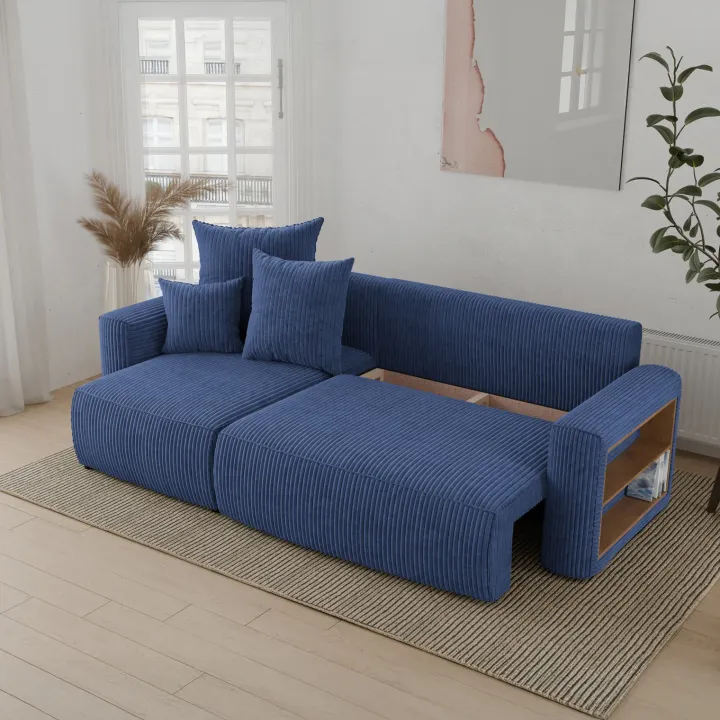 Divano letto angolare reversibile 238x142cm velluto a coste con libreria a destra blu Mistery
