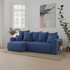 Divano letto angolare reversibile 238x142cm velluto a coste con libreria a destra blu Mistery