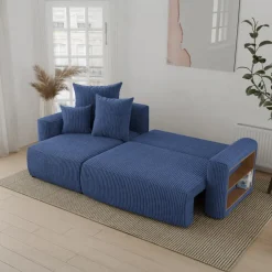 Divano letto angolare reversibile 238x142cm velluto a coste con libreria a destra blu Mistery