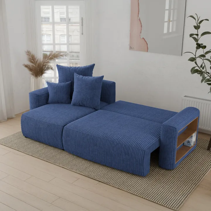 Divano letto angolare reversibile 238x142cm velluto a coste con libreria a destra blu Mistery