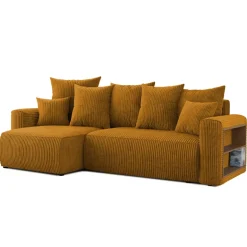 Divano letto angolare reversibile 238x142cm velluto a coste con libreria a destra giallo senape Mistery