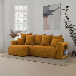 Divano letto angolare reversibile 238x142cm velluto a coste con libreria a destra giallo senape Mistery