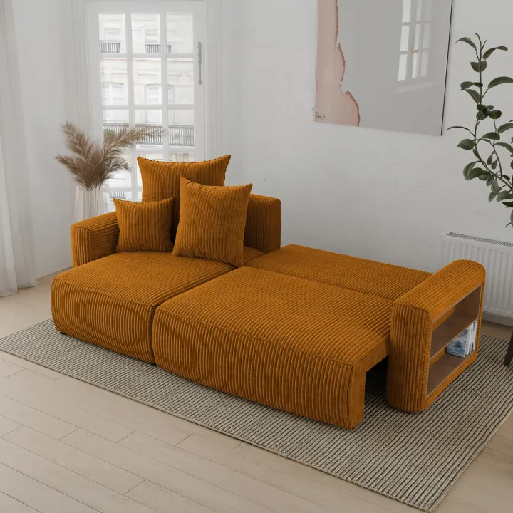 Divano letto angolare reversibile 238x142cm velluto a coste con libreria a destra giallo senape Mistery