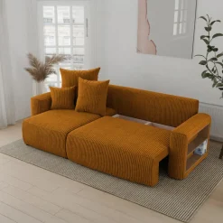 Divano letto angolare reversibile 238x142cm velluto a coste con libreria a destra giallo senape Mistery