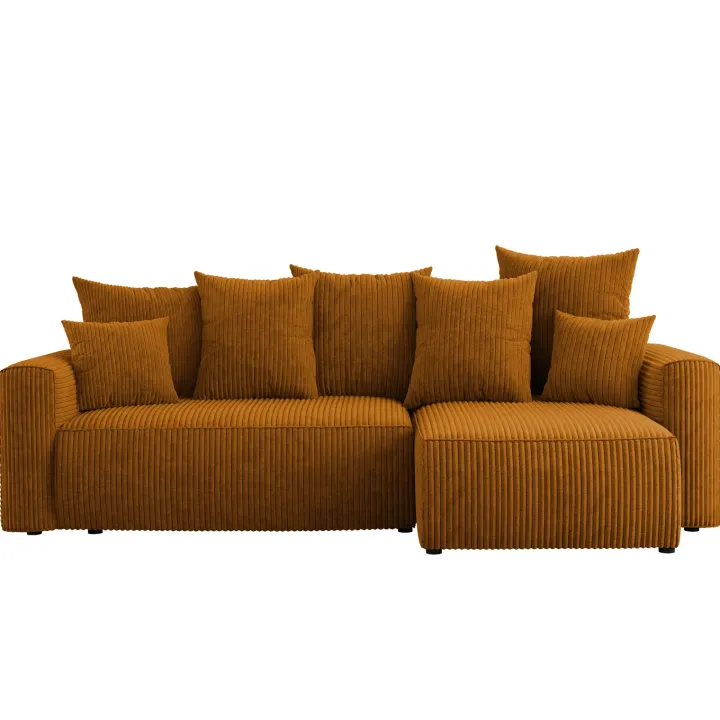 Divano letto angolare reversibile 238x142cm velluto a coste con libreria a destra giallo senape Mistery