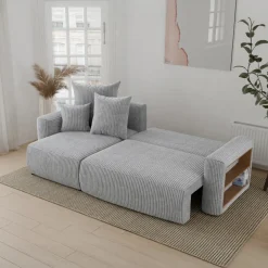 Divano letto angolare reversibile 238x142cm velluto a coste con libreria a destra grigio chiaro Mistery