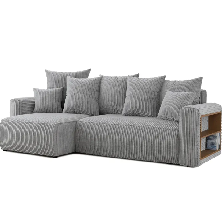 Divano letto angolare reversibile 238x142cm velluto a coste con libreria a destra grigio chiaro Mistery