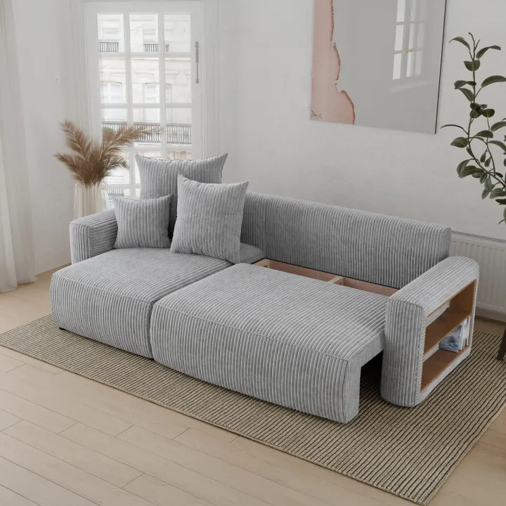 Divano letto angolare reversibile 238x142cm velluto a coste con libreria a destra grigio chiaro Mistery