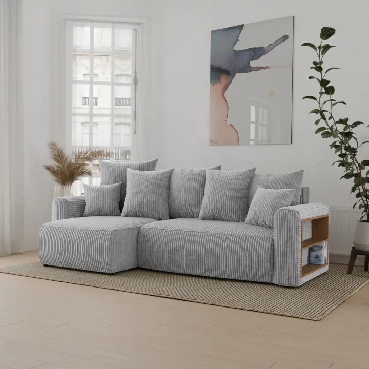 Divano letto angolare reversibile 238x142cm velluto a coste con libreria a destra grigio chiaro Mistery