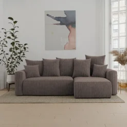 Divano letto angolare reversibile 238x142cm velluto a coste con libreria a destra marrone Mistery