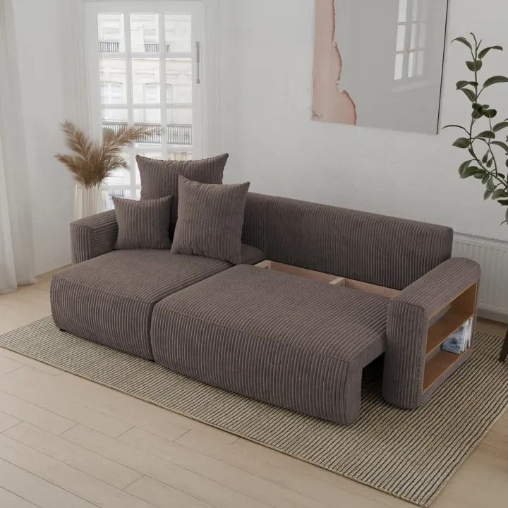 Divano letto angolare reversibile 238x142cm velluto a coste con libreria a destra marrone Mistery