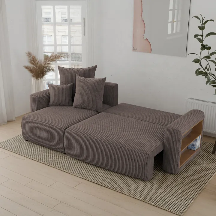 Divano letto angolare reversibile 238x142cm velluto a coste con libreria a destra marrone Mistery