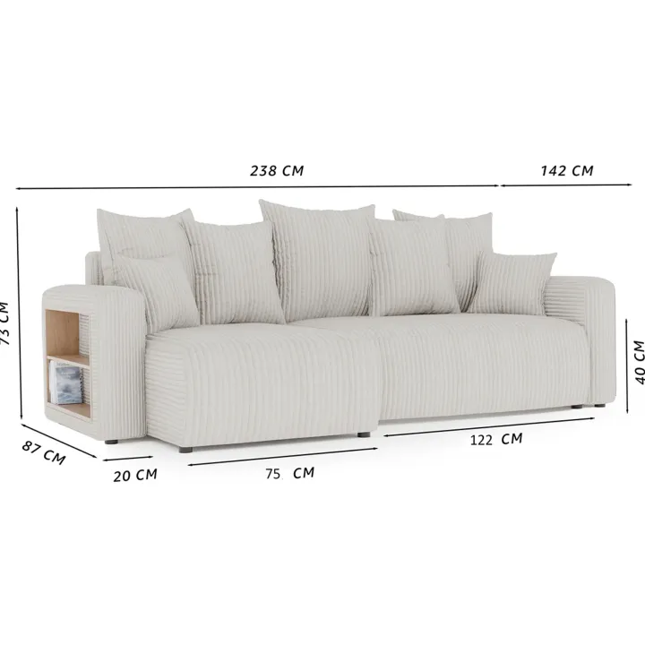 Divano letto angolare reversibile 238x142cm velluto a coste con libreria a destra marrone Mistery