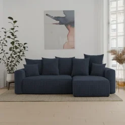 Divano letto angolare reversibile 238x142cm velluto a coste con libreria a destra nero Mistery