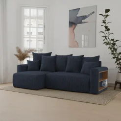 Divano letto angolare reversibile 238x142cm velluto a coste con libreria a destra nero Mistery