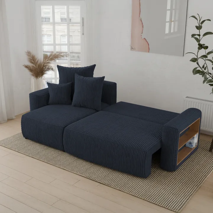 Divano letto angolare reversibile 238x142cm velluto a coste con libreria a destra nero Mistery