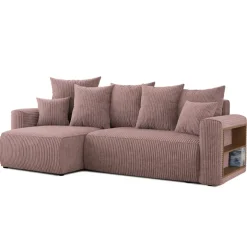 Divano letto angolare reversibile 238x142cm velluto a coste con libreria a destra rosa antico Mistery