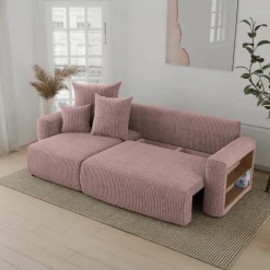 Divano letto angolare reversibile 238x142cm velluto a coste con libreria a destra rosa antico Mistery