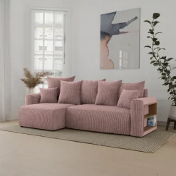 Divano letto angolare reversibile 238x142cm velluto a coste con libreria a destra rosa antico Mistery