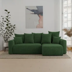 Divano letto angolare reversibile 238x142cm velluto a coste con libreria a destra verde scuro Mistery