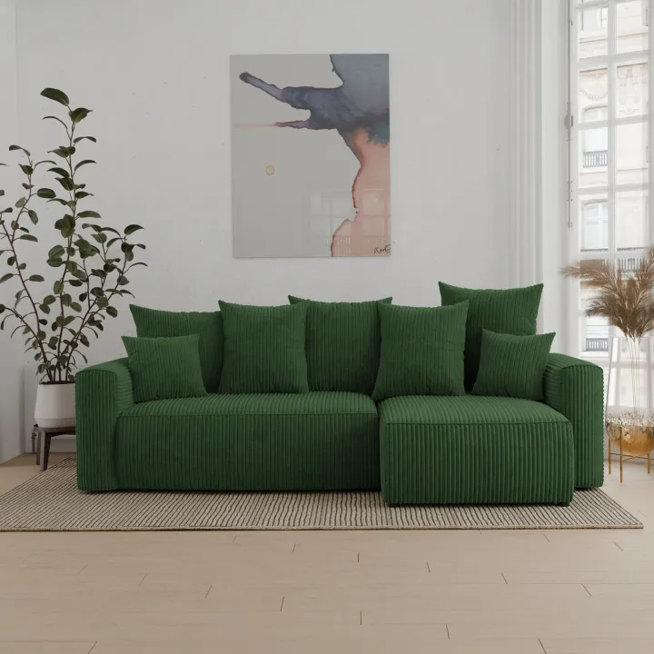 Divano letto angolare reversibile 238x142cm velluto a coste con libreria a destra verde scuro Mistery