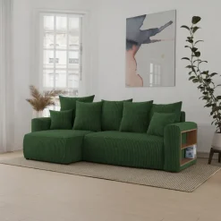 Divano letto angolare reversibile 238x142cm velluto a coste con libreria a destra verde scuro Mistery