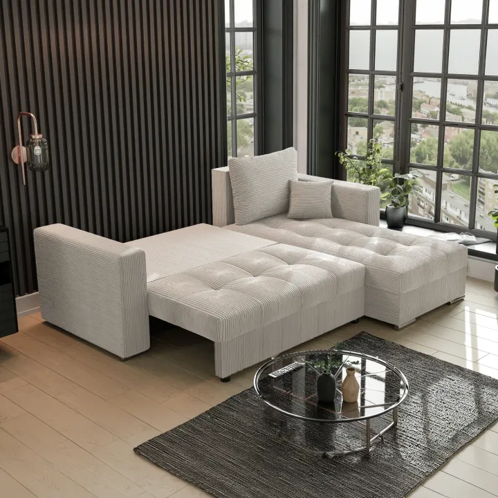Divano letto angolare reversibile 240x160cm velluto a coste beige Ermione