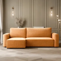 Divano letto angolare reversibile 243x142cm velluto a coste giallo senape Ofelia