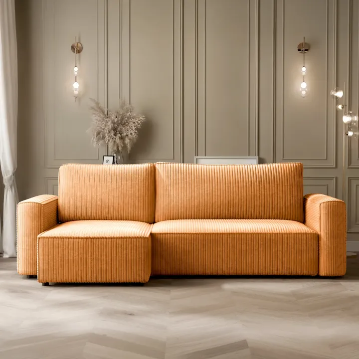 Divano letto angolare reversibile 243x142cm velluto a coste giallo senape Ofelia