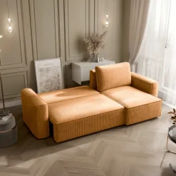 Divano letto angolare reversibile 243x142cm velluto a coste giallo senape Ofelia