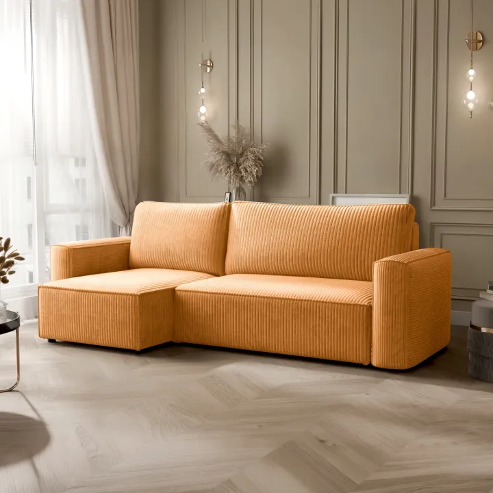 Divano letto angolare reversibile 243x142cm velluto a coste giallo senape Ofelia