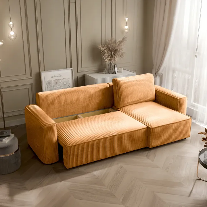 Divano letto angolare reversibile 243x142cm velluto a coste giallo senape Ofelia
