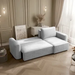 Divano letto angolare reversibile 243x142cm velluto a coste grigio chiaro Ofelia