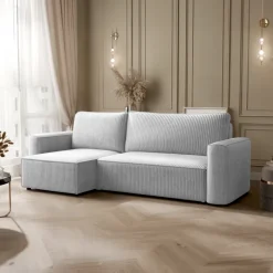 Divano letto angolare reversibile 243x142cm velluto a coste grigio chiaro Ofelia