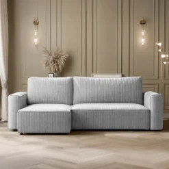 Divano letto angolare reversibile 243x142cm velluto a coste grigio chiaro Ofelia
