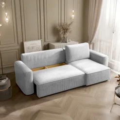 Divano letto angolare reversibile 243x142cm velluto a coste grigio chiaro Ofelia