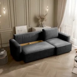 Divano letto angolare reversibile 243x142cm velluto a coste nero Ofelia