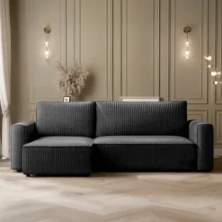 Divano letto angolare reversibile 243x142cm velluto a coste nero Ofelia