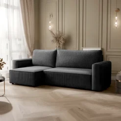 Divano letto angolare reversibile 243x142cm velluto a coste nero Ofelia