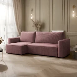 Divano letto angolare reversibile 243x142cm velluto a coste rosa antico Ofelia