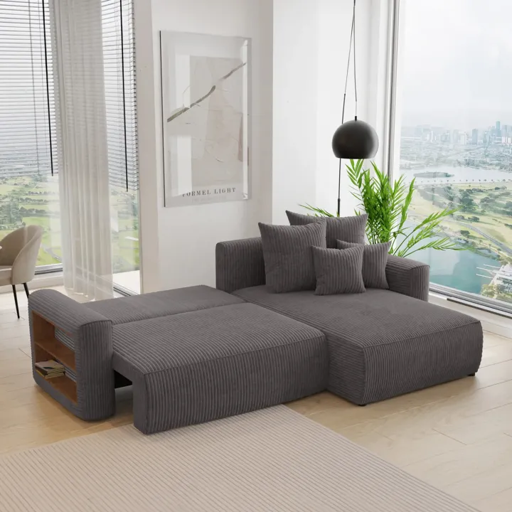 Divano letto angolare reversibile 260x160cm velluto a coste con libreria a sinistra antracite Mistery