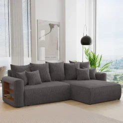 Divano letto angolare reversibile 260x160cm velluto a coste con libreria a sinistra antracite Mistery