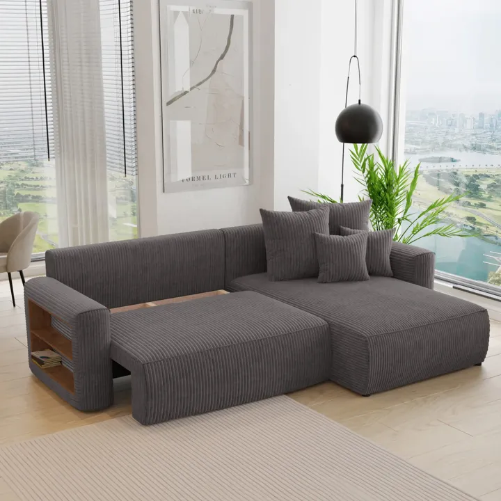 Divano letto angolare reversibile 260x160cm velluto a coste con libreria a sinistra antracite Mistery