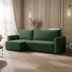Divano letto angolare reversibile 243x142cm velluto a coste verde scuro Ofelia