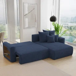 Divano letto angolare reversibile 260x160cm velluto a coste con libreria a sinistra blu Mistery