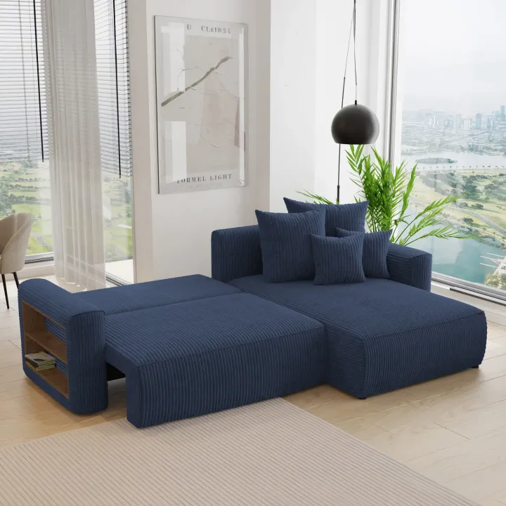Divano letto angolare reversibile 260x160cm velluto a coste con libreria a sinistra blu Mistery