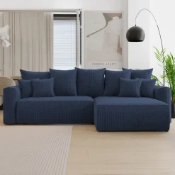 Divano letto angolare reversibile 260x160cm velluto a coste con libreria a sinistra blu Mistery