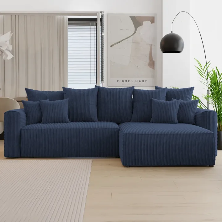 Divano letto angolare reversibile 260x160cm velluto a coste con libreria a sinistra blu Mistery