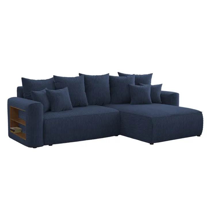 Divano letto angolare reversibile 260x160cm velluto a coste con libreria a sinistra blu Mistery