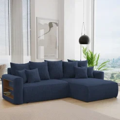 Divano letto angolare reversibile 260x160cm velluto a coste con libreria a sinistra blu Mistery